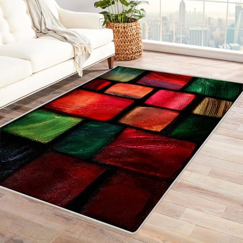 CUDAOO Bedruckter Innen-/Außenteppich Farbiges Blockmuster Teppich Wohnzimmer Schlafzimmer(Rot)-150x210cm von CUDAOO