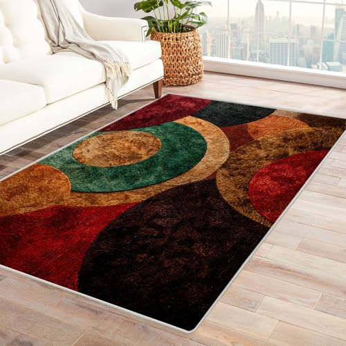 CUDAOO Bedruckter Innen-/Außenteppich Farbiges Ringmuster Für Wohnzimmer, Sofa, Tisch, Flur, Fußmatte,Schlafzimmer(Rot)-90x120cm von CUDAOO