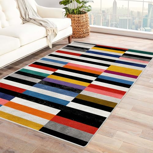 CUDAOO Bedruckter Innen-/Außenteppich Farbiges Streifengitter Teppich Wohnzimmer Schlafzimmer(Mehrfarbige)-210x270cm von CUDAOO