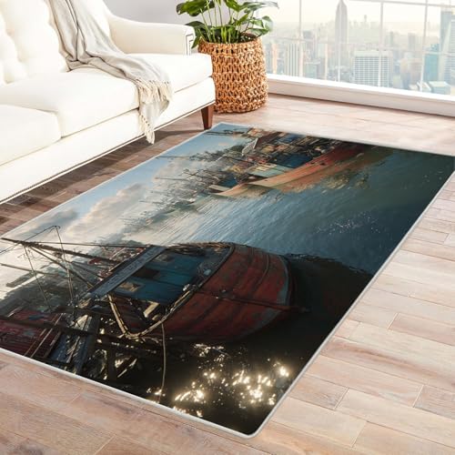 CUDAOO Bedruckter Innen-/Außenteppich Fishsing Hafenansicht Teppich Wohnzimmer Schlafzimmer(Blau)-180x270cm von CUDAOO