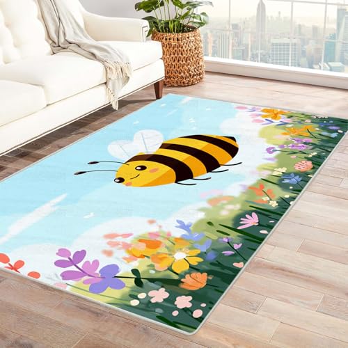 CUDAOO Bedruckter Innen-/Außenteppich Fliegende Biene Für Wohnzimmer, Sofa, Tisch, Flur, Fußmatte,Schlafzimmer(Gelb)-120x150cm von CUDAOO