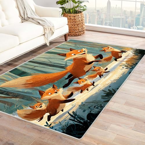 CUDAOO Bedruckter Innen-/Außenteppich Fröhliche Fuchsgruppe Für Wohnzimmer, Sofa, Tisch, Flur, Fußmatte,Schlafzimmer(Braun)-60x90cm von CUDAOO