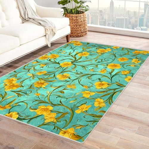 CUDAOO Bedruckter Innen-/Außenteppich Gelbe Blumen auf blauem Hintergrund Teppich Wohnzimmer Schlafzimmer(Grün)-150x210cm von CUDAOO
