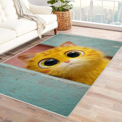 CUDAOO Bedruckter Innen-/Außenteppich Gelbe Katze erkundet Tepich Moderne Wohnzimmer Vintage Schlafzimmer(Gelb)-150x180cm von CUDAOO