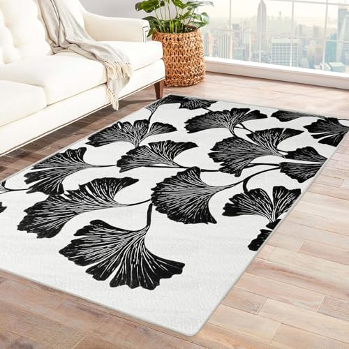 CUDAOO Bedruckter Innen-/Außenteppich Ginkgo Blatt Für Wohnzimmer, Sofa, Tisch, Flur, Fußmatte,Schlafzimmer(schwarz)-210x270cm von CUDAOO