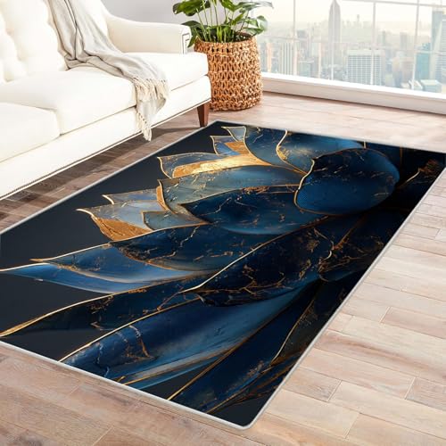 CUDAOO Bedruckter Innen-/Außenteppich Goldblauer Lotus Teppich Wohnzimmer Schlafzimmer(Blau.)-90x120cm von CUDAOO