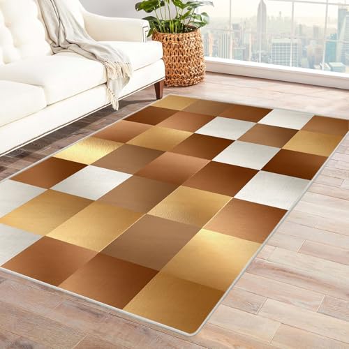 CUDAOO Bedruckter Innen-/Außenteppich Goldbraunes Karomuster Teppich Wohnzimmer Schlafzimmer(Braun.)-90x120cm von CUDAOO