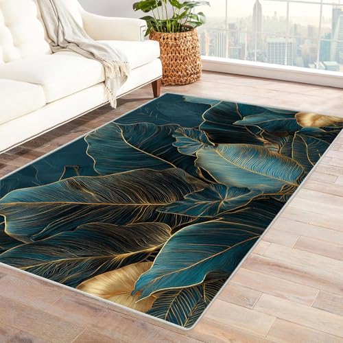 CUDAOO Bedruckter Innen-/Außenteppich Goldene Blätter Für Wohnzimmer, Sofa, Tisch, Flur, Fußmatte,Schlafzimmer(Blau.)-240x300cm von CUDAOO