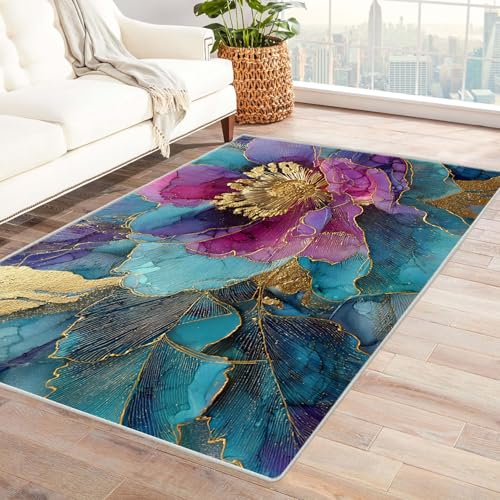 CUDAOO Bedruckter Innen-/Außenteppich Goldene Blumen Für Wohnzimmer, Sofa, Tisch, Flur, Fußmatte,Schlafzimmer(Violett)-180x240cm von CUDAOO