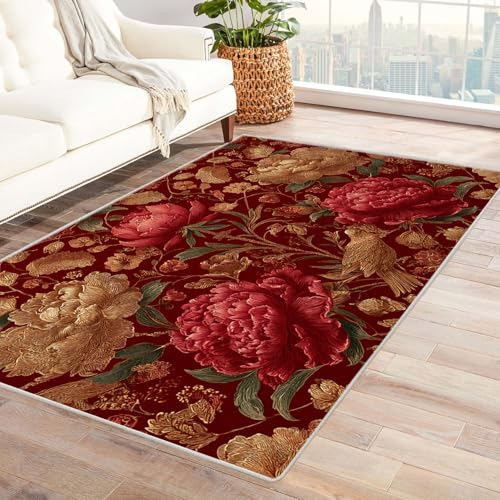 CUDAOO Bedruckter Innen-/Außenteppich Goldene Blumen auf rotem Hintergrund Teppich Wohnzimmer Schlafzimmer(Rot)-120x180cm von CUDAOO
