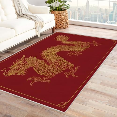 CUDAOO Bedruckter Innen-/Außenteppich Goldene Drachen auf rotem Hintergrund Für Wohnzimmer, Sofa, Tisch, Flur, Fußmatte,Schlafzimmer(Rot)-90x150cm von CUDAOO