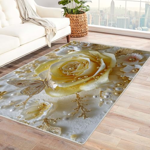 CUDAOO Bedruckter Innen-/Außenteppich Goldene Rose Für Wohnzimmer, Sofa, Tisch, Flur, Fußmatte,Schlafzimmer(Gelb)-120x180cm von CUDAOO