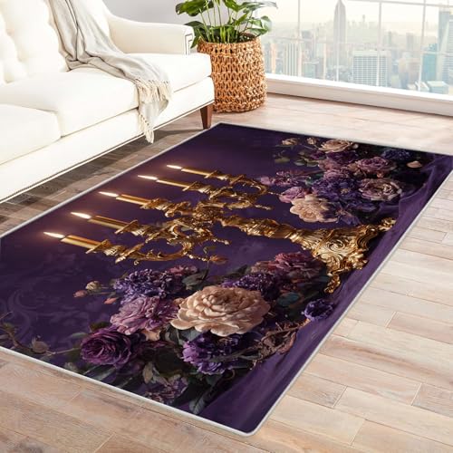 CUDAOO Bedruckter Innen-/Außenteppich Goldener Kerzenständer Für Wohnzimmer, Sofa, Tisch, Flur, Fußmatte,Schlafzimmer(Violett)-150x210cm von CUDAOO