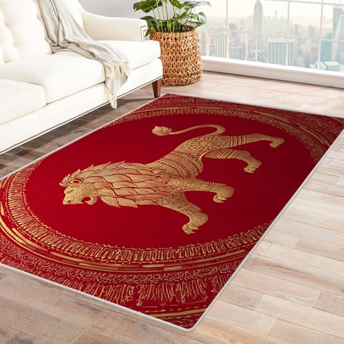CUDAOO Bedruckter Innen-/Außenteppich Goldener Löwe Für Wohnzimmer, Sofa, Tisch, Flur, Fußmatte,Schlafzimmer(Rot?)-210x270cm von CUDAOO