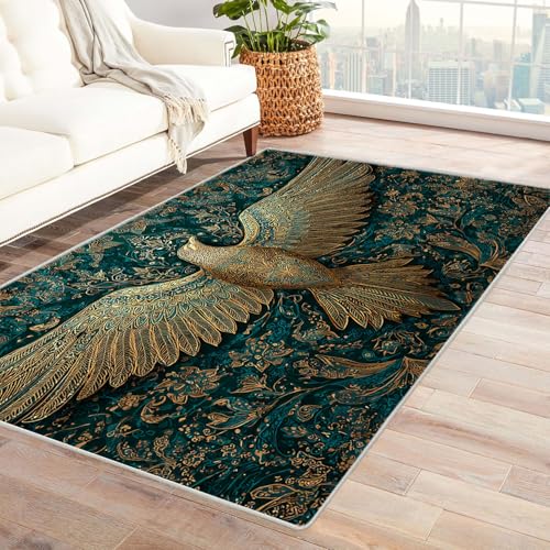 CUDAOO Bedruckter Innen-/Außenteppich Goldener Vogel Tepich Moderne Wohnzimmer Vintage Schlafzimmer(Grün.)-240x300cm von CUDAOO