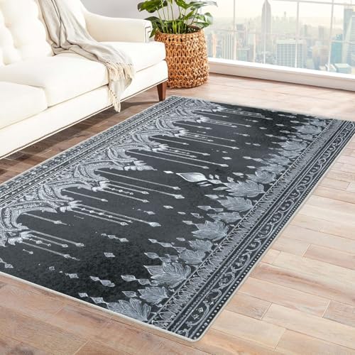 CUDAOO Bedruckter Innen-/Außenteppich Grauer Hintergrund mit weißem Muster Teppich Wohnzimmer Schlafzimmer(schwarz)-240x300cm von CUDAOO