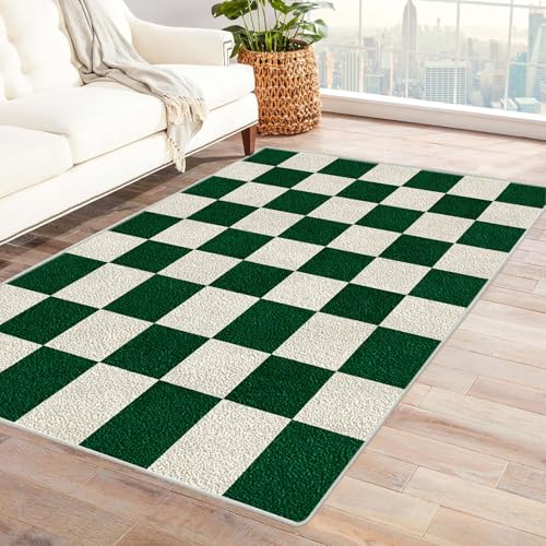 CUDAOO Bedruckter Innen-/Außenteppich Grünes Schachbrett Tepich Moderne Wohnzimmer Vintage Schlafzimmer(Grün)-90x150cm von CUDAOO
