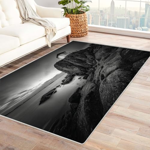 CUDAOO Bedruckter Innen-/Außenteppich Haus an Einer Klippe Tepich Moderne Wohnzimmer Vintage Schlafzimmer(Schwarz und Weiß)-90x150cm von CUDAOO