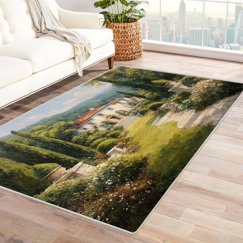 CUDAOO Bedruckter Innen-/Außenteppich Herrenhausszene Für Wohnzimmer, Sofa, Tisch, Flur, Fußmatte,Schlafzimmer(Grün)-120x150cm von CUDAOO