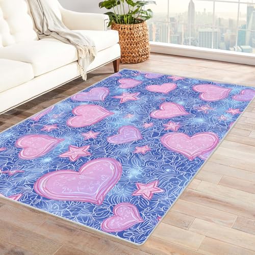 CUDAOO Bedruckter Innen-/Außenteppich Herz-Stern-Muster Teppich Wohnzimmer Schlafzimmer(Blau)-180x240cm von CUDAOO