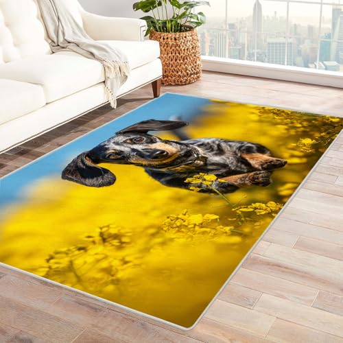 CUDAOO Bedruckter Innen-/Außenteppich Hund springt mit Blume Für Wohnzimmer, Sofa, Tisch, Flur, Fußmatte,Schlafzimmer(Gelb)-150x210cm von CUDAOO