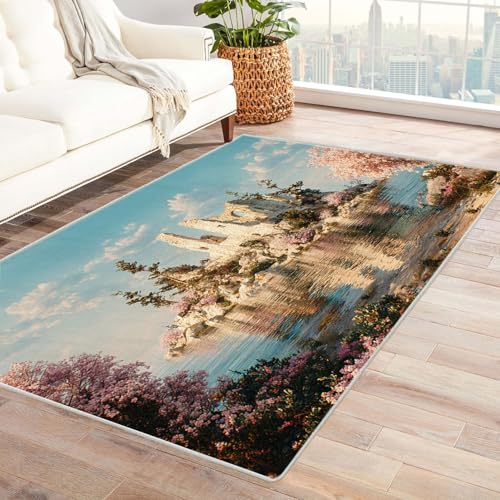 CUDAOO Bedruckter Innen-/Außenteppich Insel Schloss Kirsche Teppich Wohnzimmer Schlafzimmer(Blau)-90x150cm von CUDAOO