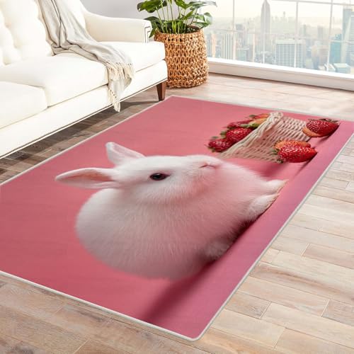 CUDAOO Bedruckter Innen-/Außenteppich Kaninchen mit rosa Beeren Für Wohnzimmer, Sofa, Tisch, Flur, Fußmatte,Schlafzimmer(Weiß)-210x300cm von CUDAOO