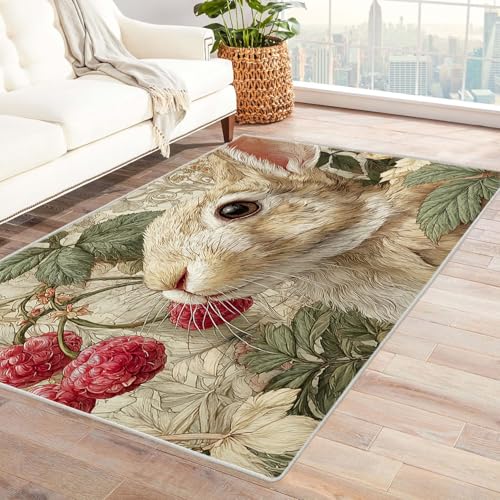 CUDAOO Bedruckter Innen-/Außenteppich Kaninchen riecht Beere Teppich Wohnzimmer Schlafzimmer(Beige)-60x90cm von CUDAOO