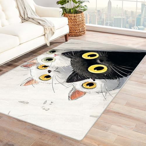 CUDAOO Bedruckter Innen-/Außenteppich Katzenforscher Teppich Wohnzimmer Schlafzimmer(Schwarz Weiß)-240x300cm von CUDAOO