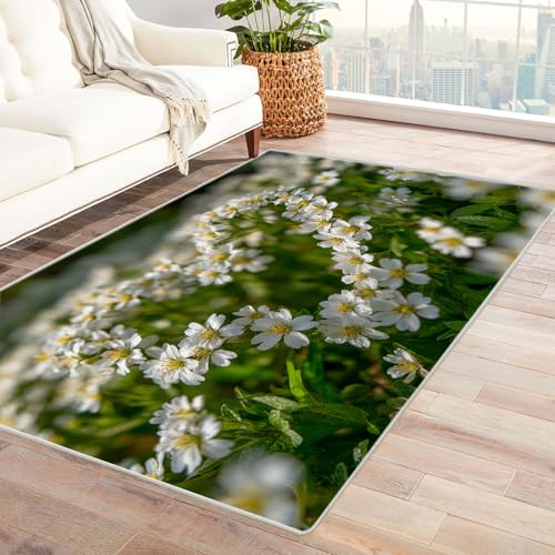 CUDAOO Bedruckter Innen-/Außenteppich Kleine weiße Blume Teppich Wohnzimmer Schlafzimmer(Weiß)-90x150cm von CUDAOO