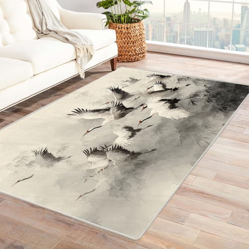CUDAOO Bedruckter Innen-/Außenteppich Krane tanzen im Himmel Tepich Moderne Wohnzimmer Vintage Schlafzimmer(Grau)-90x150cm von CUDAOO