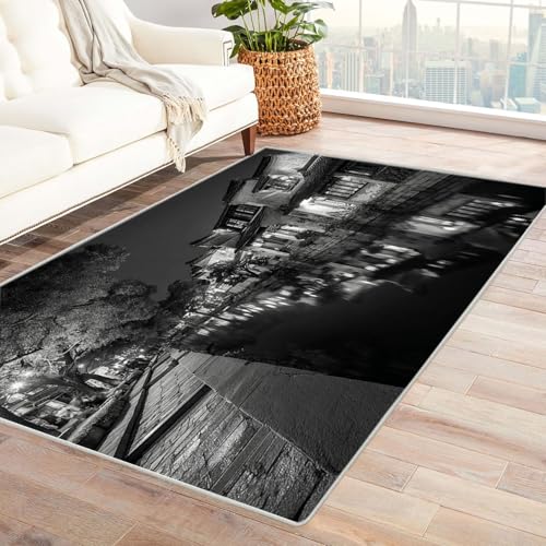 CUDAOO Bedruckter Innen-/Außenteppich Laternen in der Wassergasse Für Wohnzimmer, Sofa, Tisch, Flur, Fußmatte,Schlafzimmer(Schwarz und Weiß)-150x240cm von CUDAOO