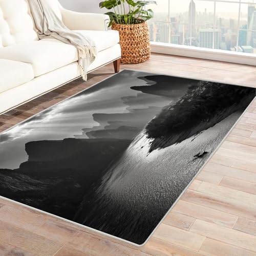 CUDAOO Bedruckter Innen-/Außenteppich Licht auf dem Fluss Teppich Wohnzimmer Schlafzimmer(Schwarz und Weiß)-90x150cm von CUDAOO