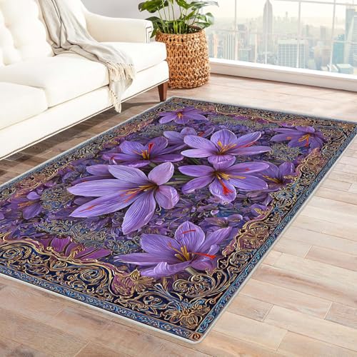CUDAOO Bedruckter Innen-/Außenteppich Lila Blume und Goldener Rahmen Teppich Wohnzimmer Schlafzimmer(Violett)-240x300cm von CUDAOO