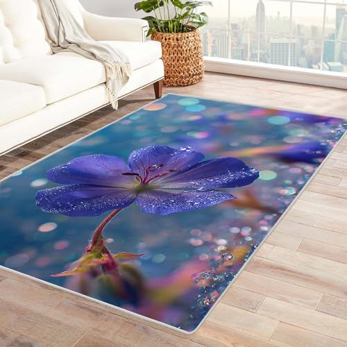 CUDAOO Bedruckter Innen-/Außenteppich Lila Blumen Teppich Wohnzimmer Schlafzimmer(Blau)-90x150cm von CUDAOO