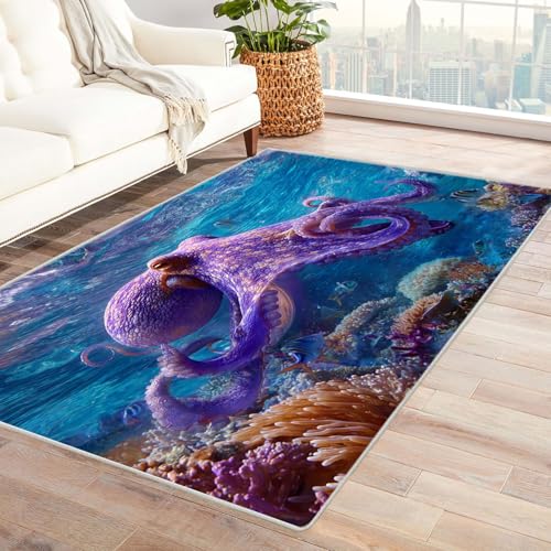 CUDAOO Bedruckter Innen-/Außenteppich Lila Oktopus Teppich Wohnzimmer Schlafzimmer(Violett)-180x270cm von CUDAOO