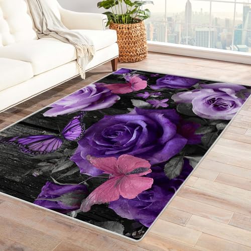 CUDAOO Bedruckter Innen-/Außenteppich Lila Rose Teppich Wohnzimmer Schlafzimmer(Violett)-60x90cm von CUDAOO