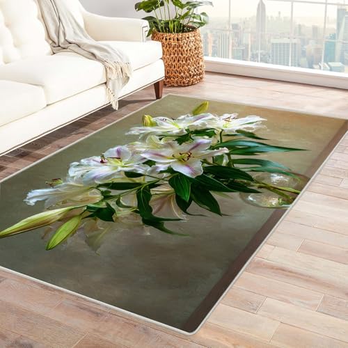 CUDAOO Bedruckter Innen-/Außenteppich Lilienmalerei Für Wohnzimmer, Sofa, Tisch, Flur, Fußmatte,Schlafzimmer(Rosa)-150x210cm von CUDAOO