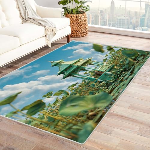 CUDAOO Bedruckter Innen-/Außenteppich Lotus-Pavillons Tepich Moderne Wohnzimmer Vintage Schlafzimmer(Blau)-60x90cm von CUDAOO