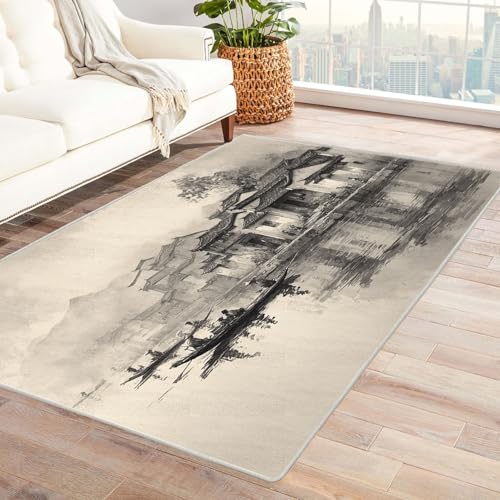 CUDAOO Bedruckter Innen-/Außenteppich Morgenstadt am Wasser Teppich Wohnzimmer Schlafzimmer(Schwarz und Weiß)-120x180cm von CUDAOO