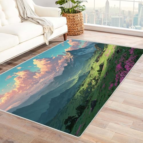 CUDAOO Bedruckter Innen-/Außenteppich Mountain Cloud Township Teppich Wohnzimmer Schlafzimmer(Grün)-150x210cm von CUDAOO