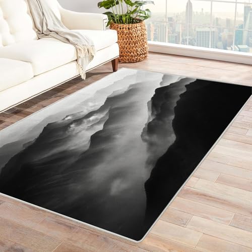 CUDAOO Bedruckter Innen-/Außenteppich Nebelige Berge Teppich Wohnzimmer Schlafzimmer(Schwarz und Weiß)-150x180cm von CUDAOO