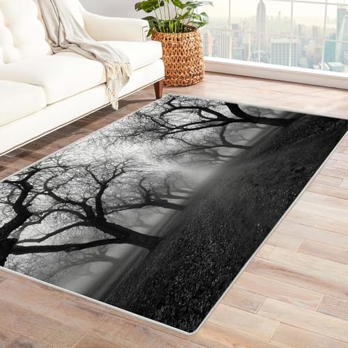 CUDAOO Bedruckter Innen-/Außenteppich Nebliger Baumpfad Für Wohnzimmer, Sofa, Tisch, Flur, Fußmatte,Schlafzimmer(Schwarz und Weiß)-90x150cm von CUDAOO