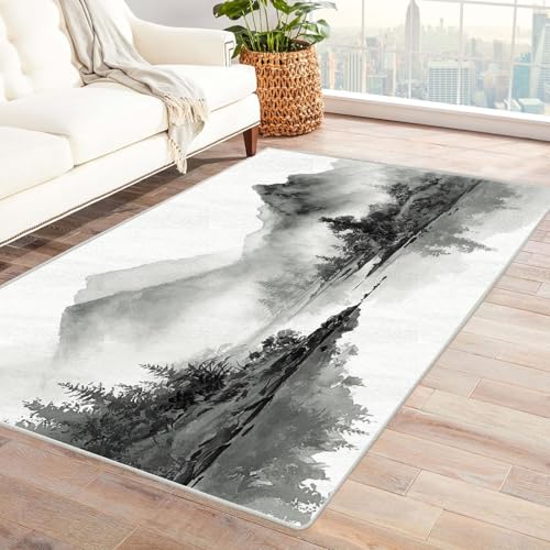 CUDAOO Bedruckter Innen-/Außenteppich Nebliger Fluss Teppich Wohnzimmer Schlafzimmer(Schwarz und Weiß)-90x150cm von CUDAOO
