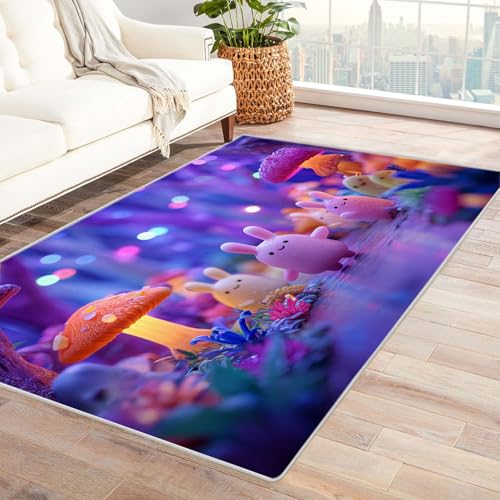 CUDAOO Bedruckter Innen-/Außenteppich Netter Kaninchenwald Tepich Moderne Wohnzimmer Vintage Schlafzimmer(Violett)-240x300cm von CUDAOO