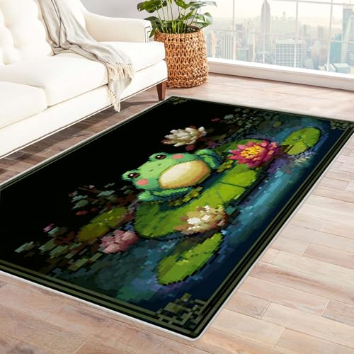 CUDAOO Bedruckter Innen-/Außenteppich Niedliche Frosch-Lotus Teppich Wohnzimmer Schlafzimmer(Grün)-150x210cm von CUDAOO