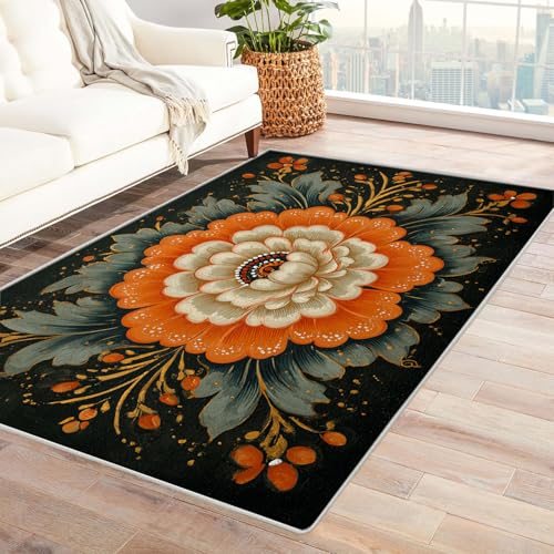 CUDAOO Bedruckter Innen-/Außenteppich Orangefarbene Blumen auf schwarzem Hintergrund Tepich Moderne Wohnzimmer Vintage Schlafzimmer(schwarz)-180x240cm von CUDAOO