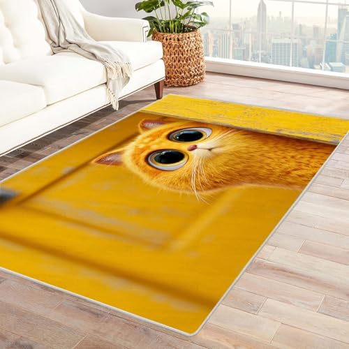 CUDAOO Bedruckter Innen-/Außenteppich Orangefarbene Katze schaut Teppich Wohnzimmer Schlafzimmer(Gelb)-120x150cm von CUDAOO