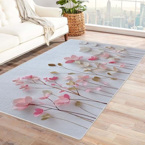 CUDAOO Bedruckter Innen-/Außenteppich Papierblumen Tepich Moderne Wohnzimmer Vintage Schlafzimmer(Lichtrosa)-150x240cm von CUDAOO