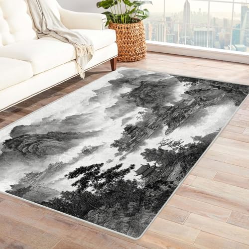 CUDAOO Bedruckter Innen-/Außenteppich Pavillons im Tintennebel Tepich Moderne Wohnzimmer Vintage Schlafzimmer(Schwarz und Weiß)-210x270cm von CUDAOO